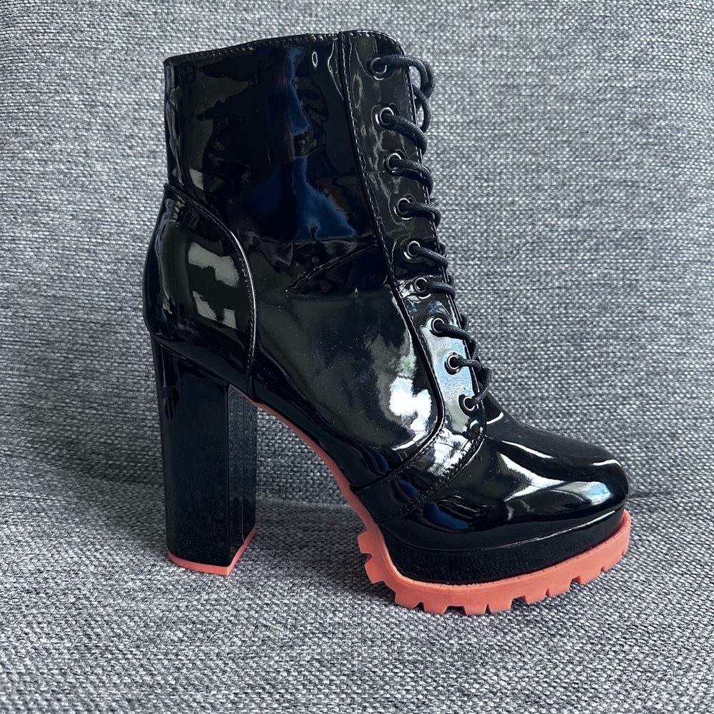 Shein Glossy Black And Orange Heeled Platform Boots